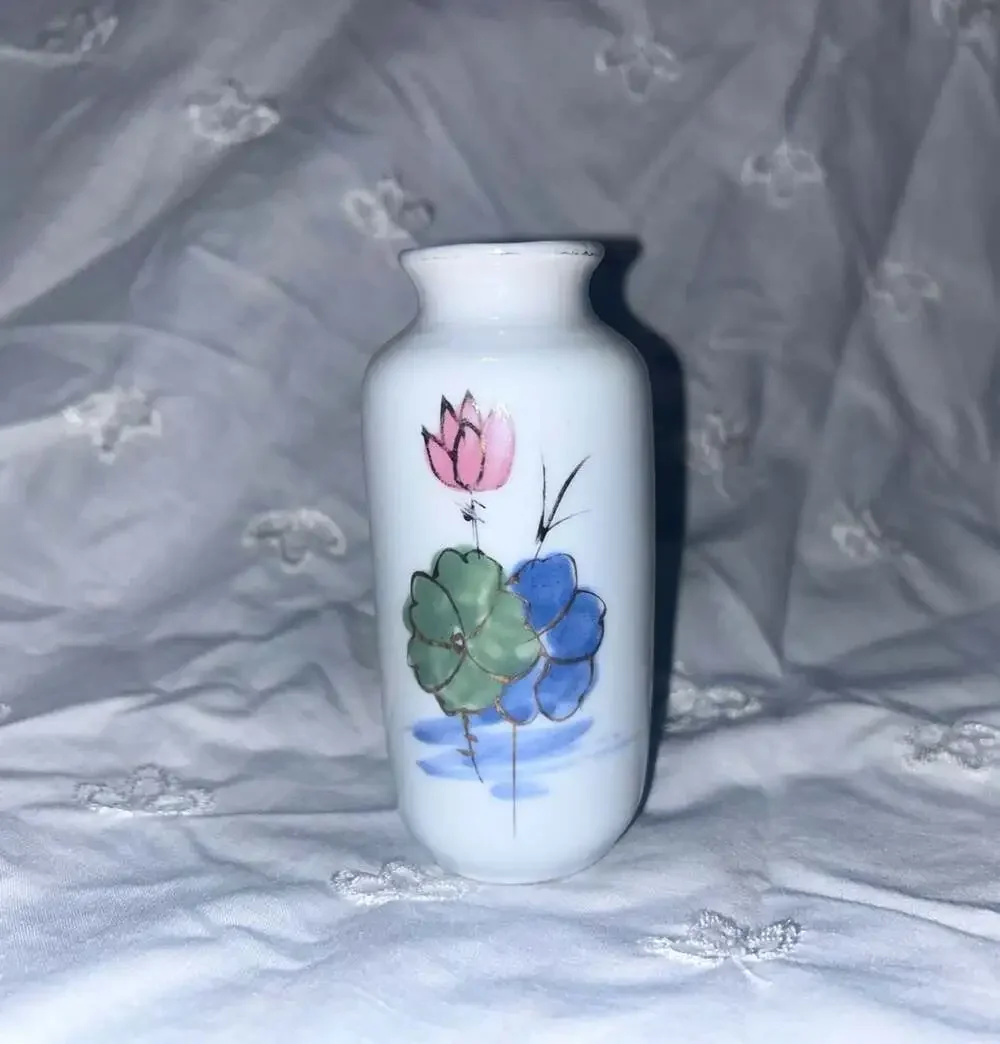 Vintage Japanese Porcelain Miniature Bud Vase 3 Hand-Painted Floral Designs